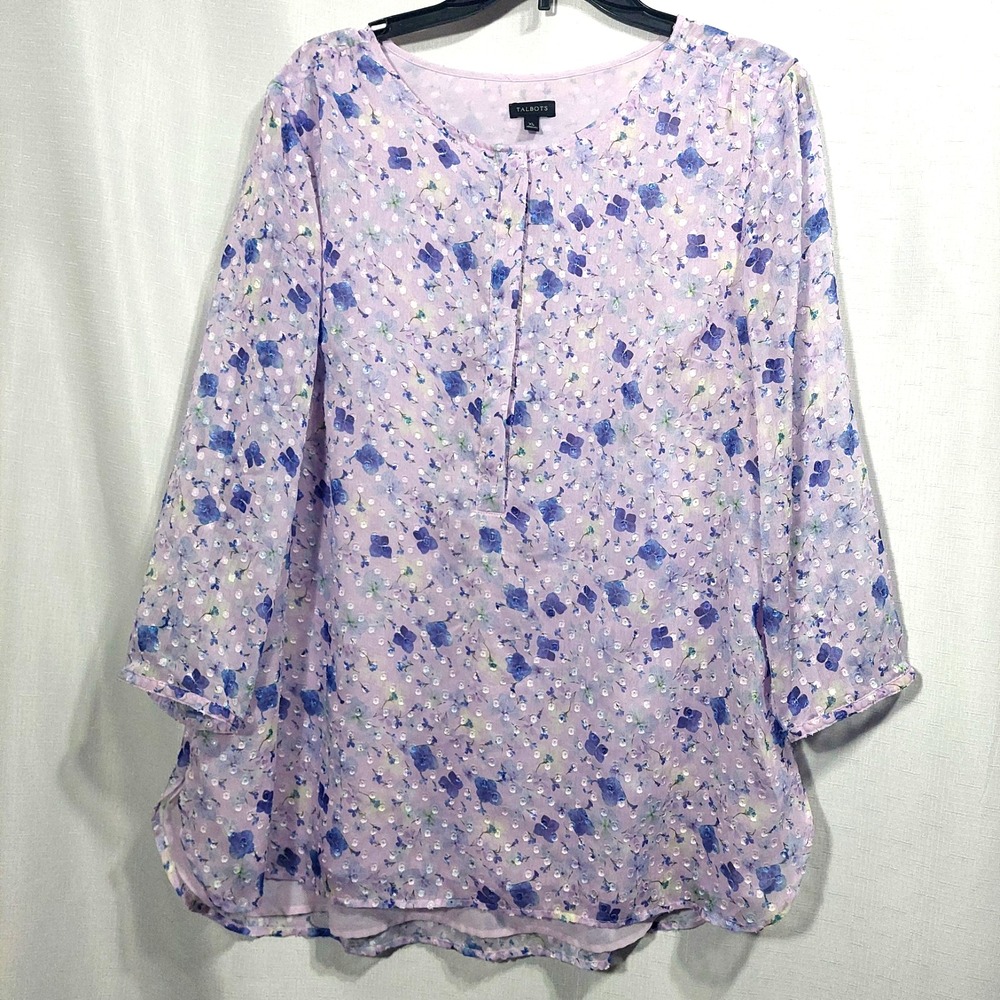 Talbots XL Womens Delicate Chiffon Blouse Sheer Lined 3/4 Sleeves Hidden Buttons